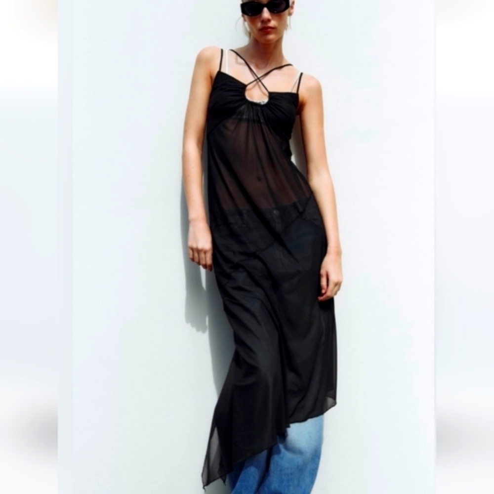 ZARA Tulle Mesh Asymmetrical Slip Dress In Black. Size Medium - Picture 2 of 16